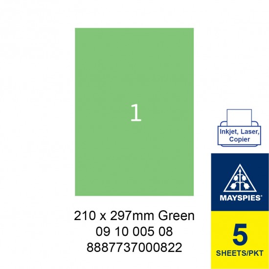 MAYSPIES 09 10 005 08 LABEL FOR INKJET / LASER / COPIER 5 SHEETS/PKT GREEN 210X297MM